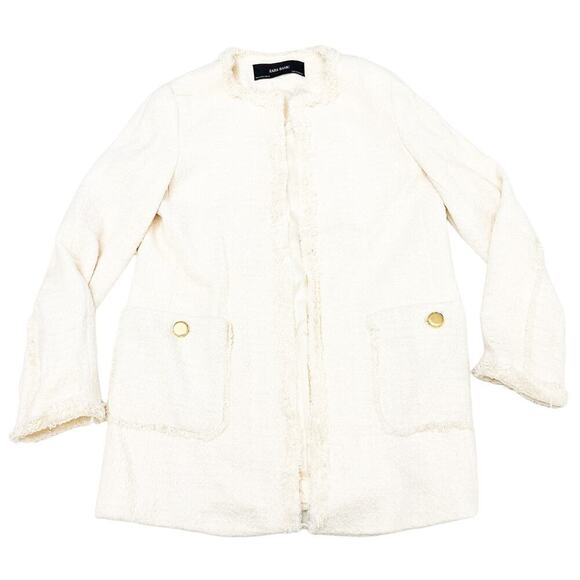 Zara Cream Fringed Hem Tweed Woven Blazer Gold Buttons Cream Size M - Picture 1 of 7